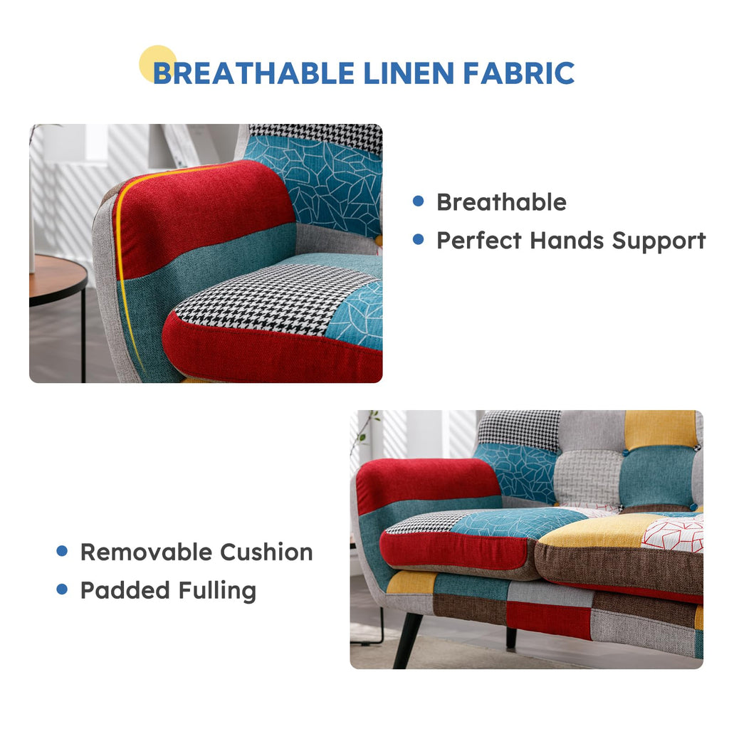 Modern Boho Loveseat Couch Sofa Chair for Living Room Bedroom, Upholstered Colorful Plaid Fabric 2-Seat Love Seat Sofa with Wood Leg for Small Space, One Loveseat