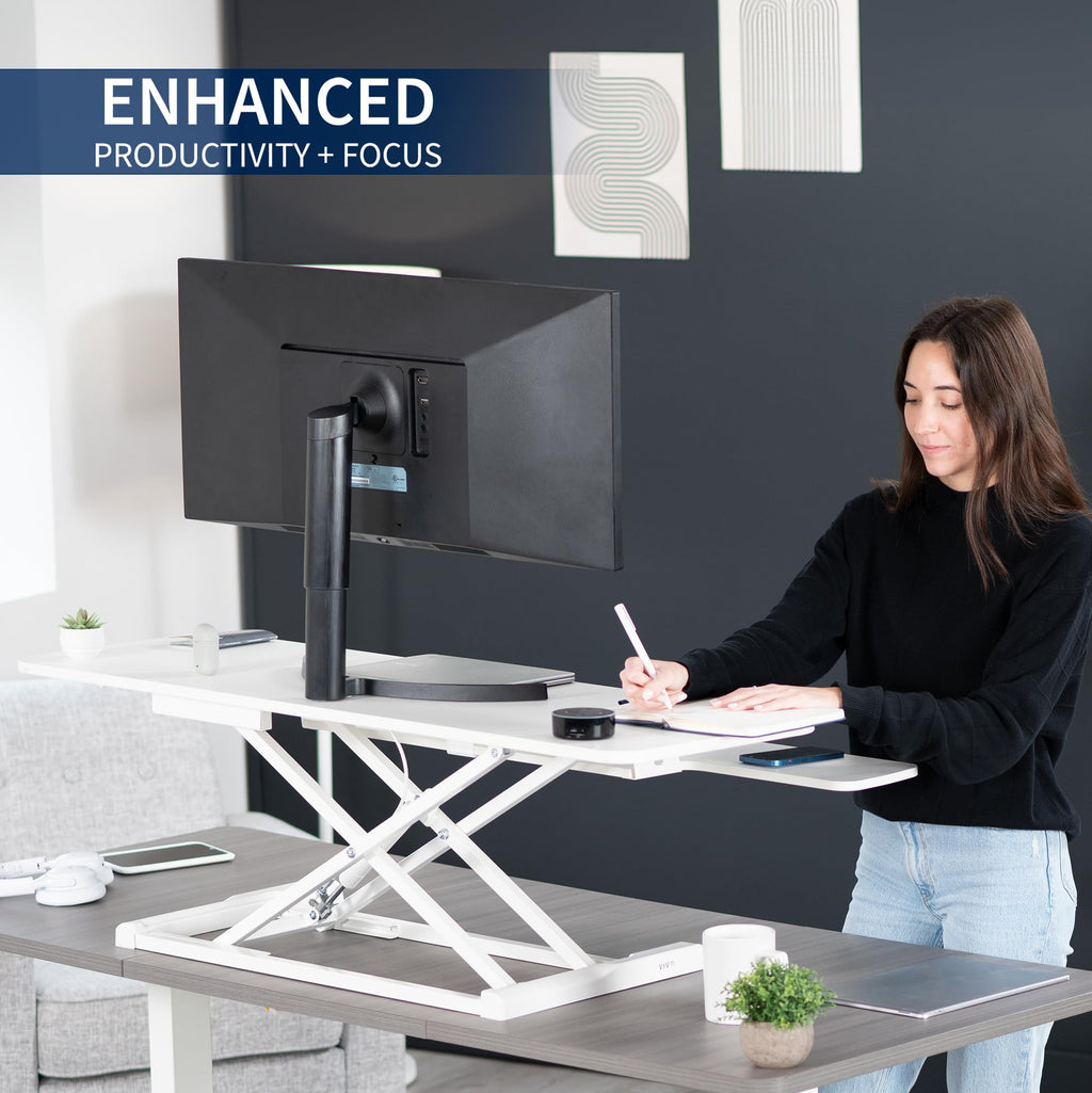 48 inch Desk Converter, K Series, Height Adjustable Sit to Stand Riser, Dual Monitor and Laptop Workstation with Wide Keyboard Tray, White, DESK-V048KW