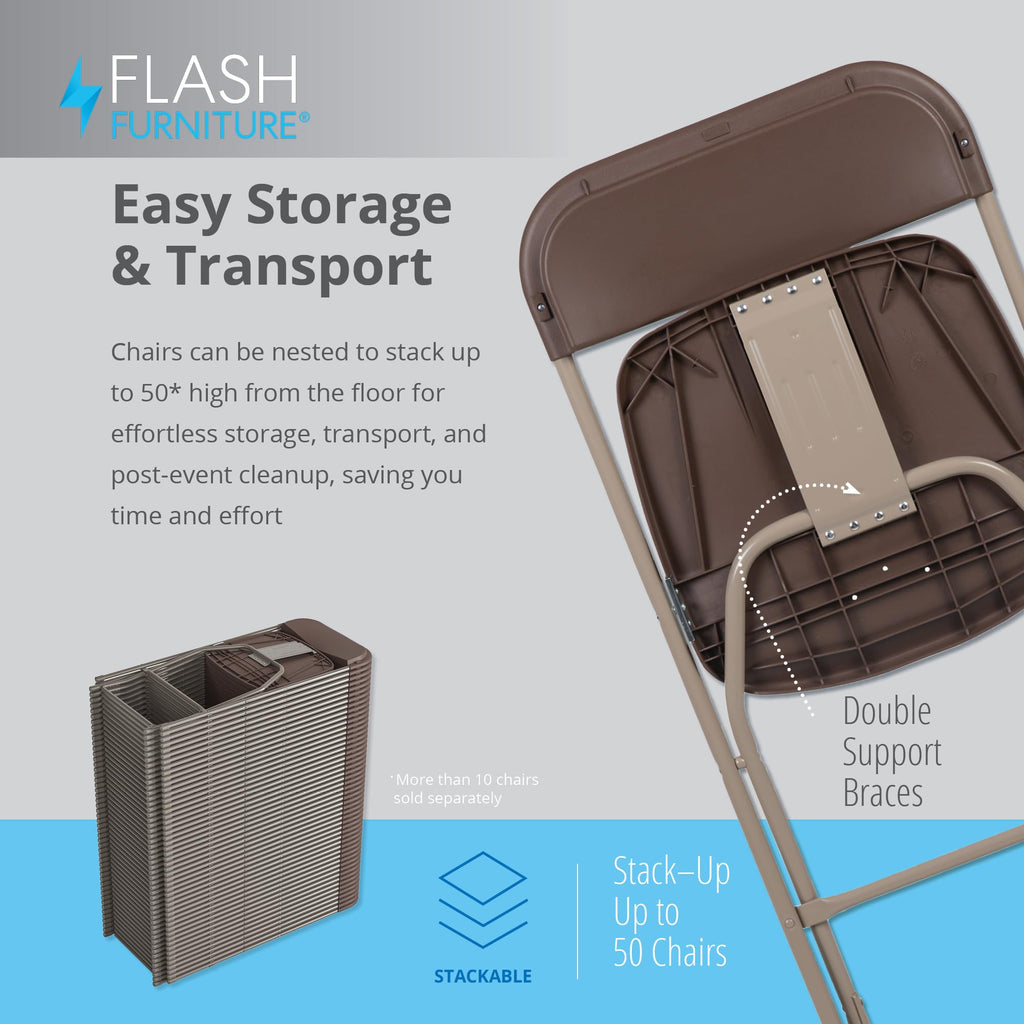10 Pack, Hercules Series Plastic Folding Chair Brown -  650LB Weight Capacity Comfortable Event Chair-Lightweight Folding Chair