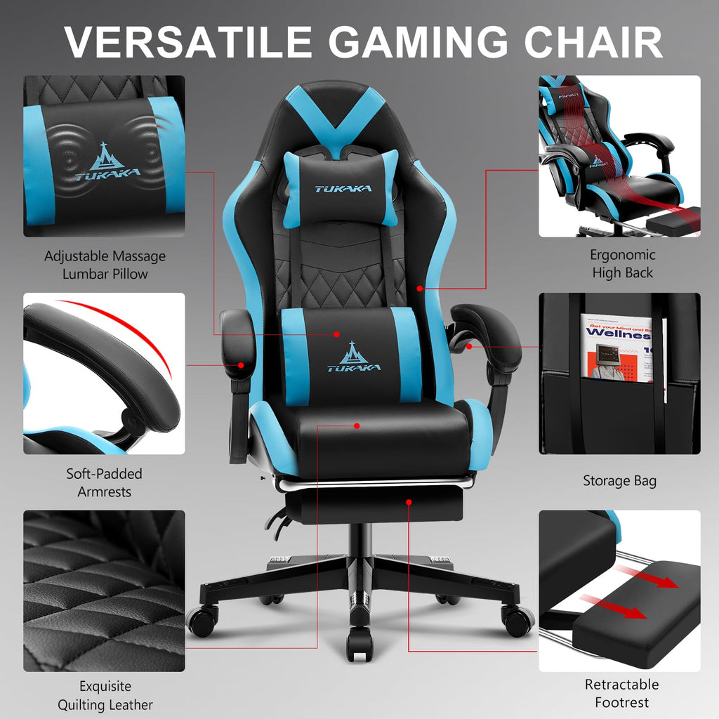 Gaming Chair,Ergonomic Massage Computer Office Desk Chair with Footrest,Pocket Spring Cushion,Reclining Leather Adjustable Gamer Chair with Headrest and Lumbar Support,Blue