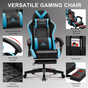 Gaming Chair,Ergonomic Massage Computer Office Desk Chair with Footrest,Pocket Spring Cushion,Reclining Leather Adjustable Gamer Chair with Headrest and Lumbar Support,Blue