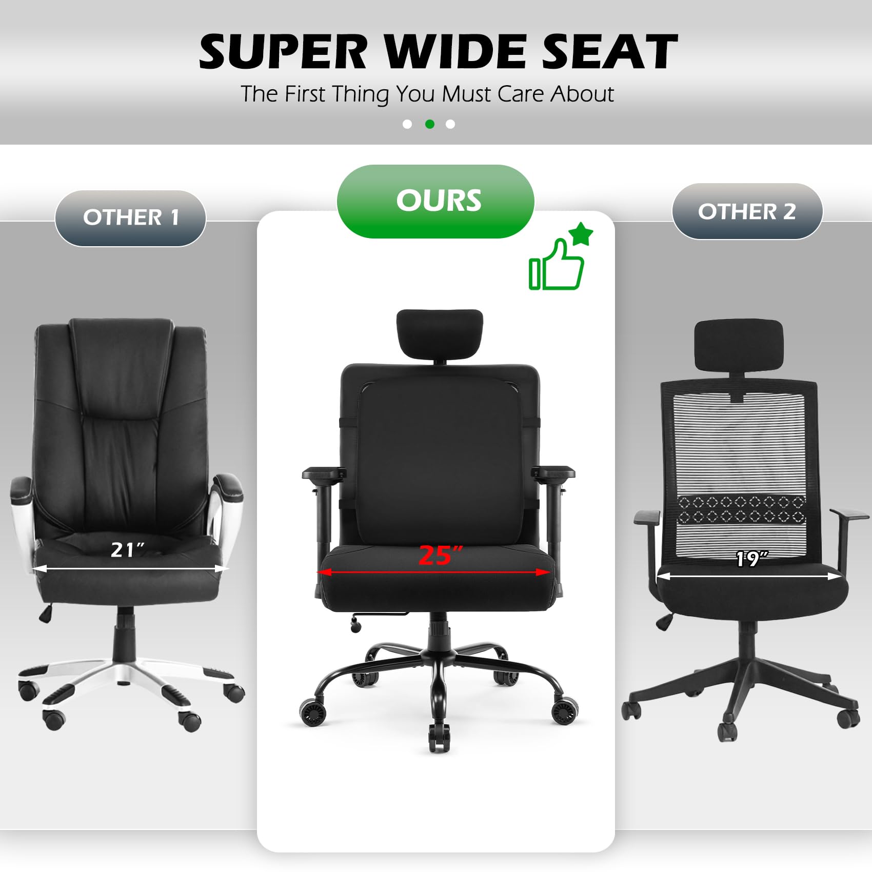Extra Wide Seat Office Chair for Big and Tall 500lbs, with High Back Adjustable Headrest Lumbar Support Arms Wheels Heavy Duty (Breathable Fabric Seat)