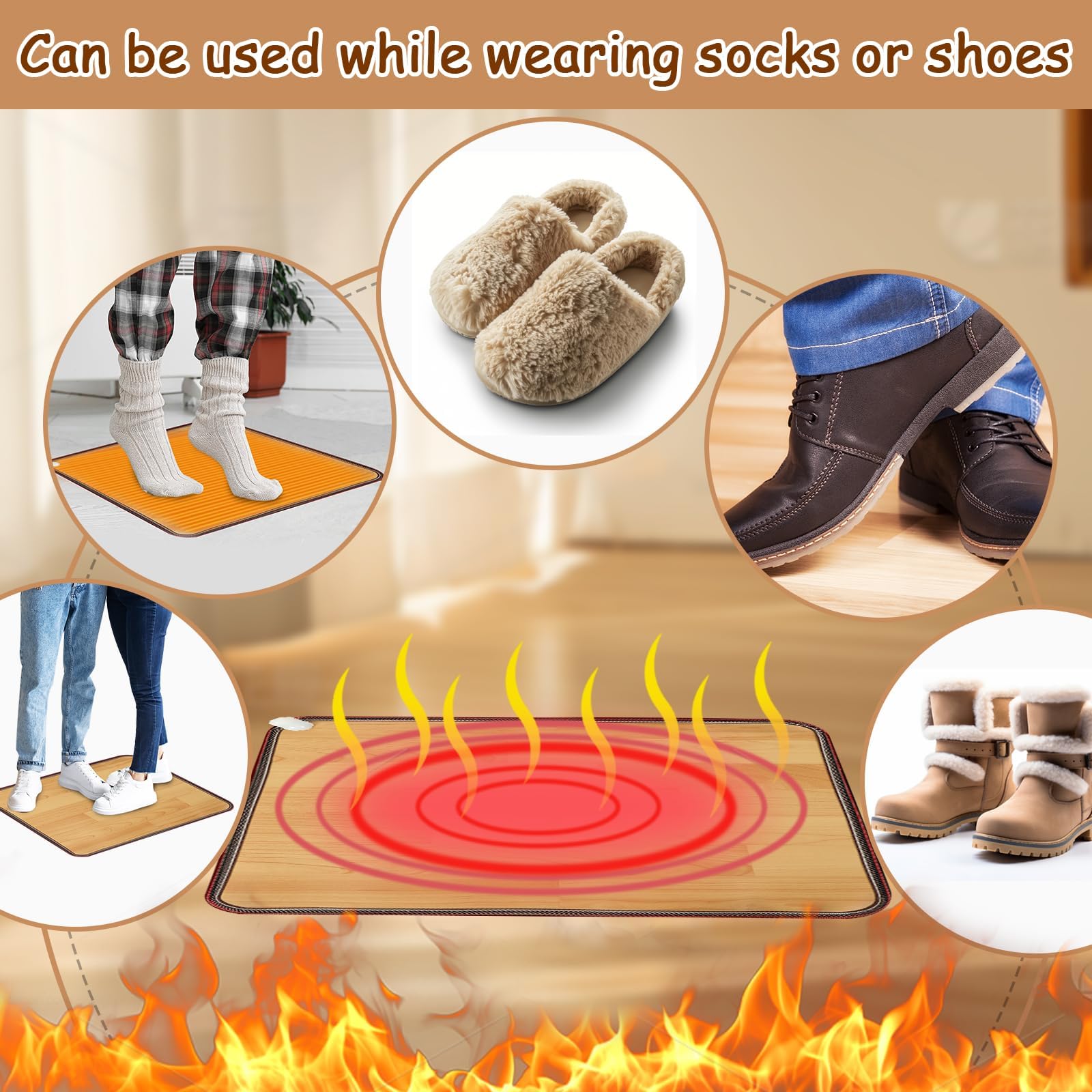 PVC 110V Heated Floor Mat Heater for Foot Warmer Under Desk 22 x 20 Inch Electric Heating Pad Energy Saving Carpet Pad Indoor Floor Heated Rug for Home Office Bathroom House Brown