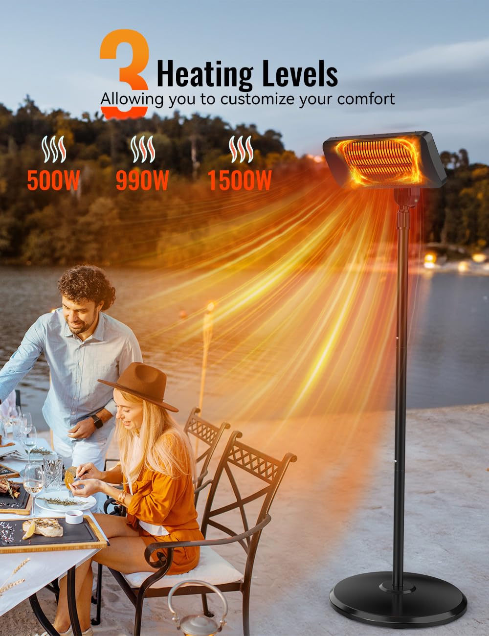 Outdoor Heaters for Patio, 12H Timer&3 Heat Level, IP54 Waterproof Electric Heater,1500W Infrared Heating Covers 300Sq.ft, Tip-Over Protection, Towel Bracket, Remote, 83" Patio Heaters for Outdoor Use