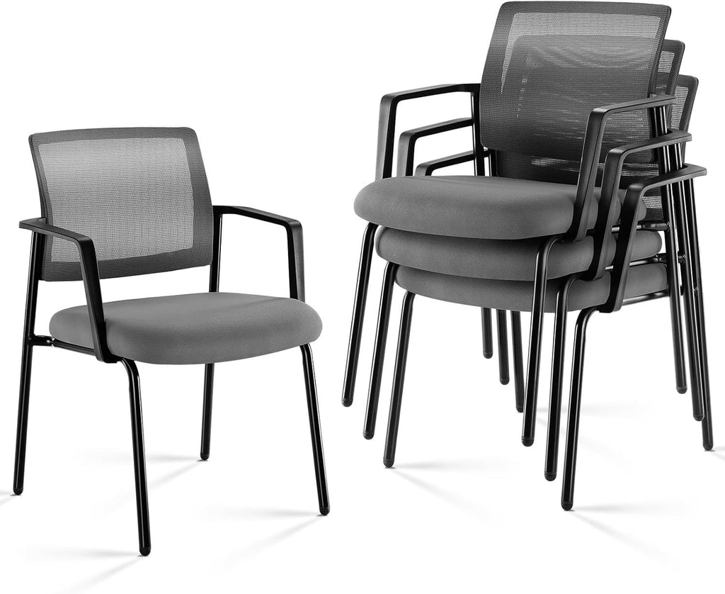 Grey-4pack, Mesh Back Stacking Arm Chairs, Office Reception Guest Chair with Upholstered Fabric Seat and Ergonomic Lumber Support, Sturdy Metal Office Chairs