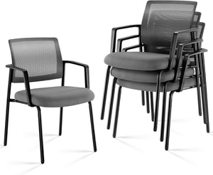 Grey-4pack, Mesh Back Stacking Arm Chairs, Office Reception Guest Chair with Upholstered Fabric Seat and Ergonomic Lumber Support, Sturdy Metal Office Chairs