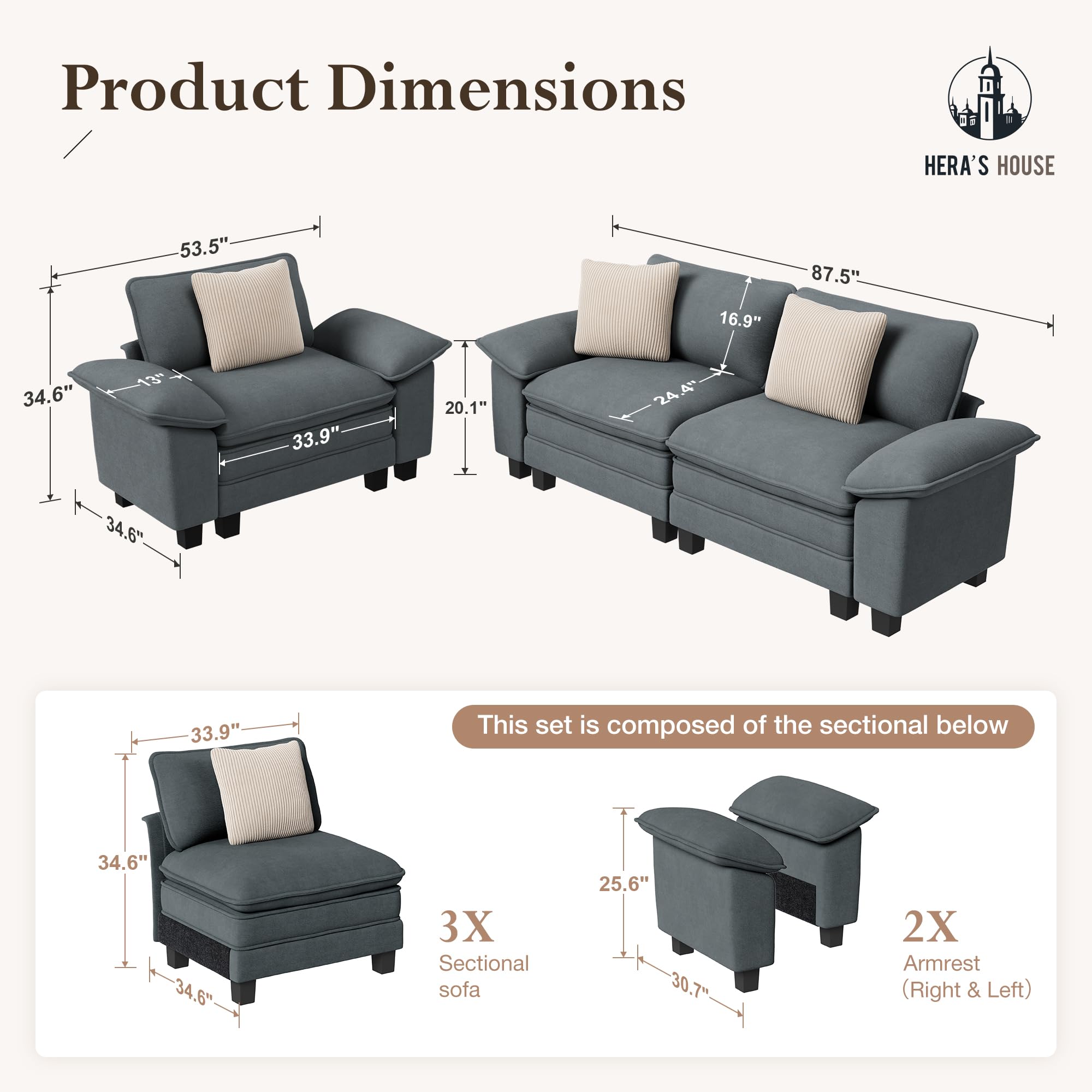 2 Pieces Modular Sectional Sofa Sets, Oversized Couch Set with Loveseat and Armchair, Comfy Cloud Couches with Throw Pillows, 3-Seater Deep Seat Sofa for Living Room, Chenille Blue