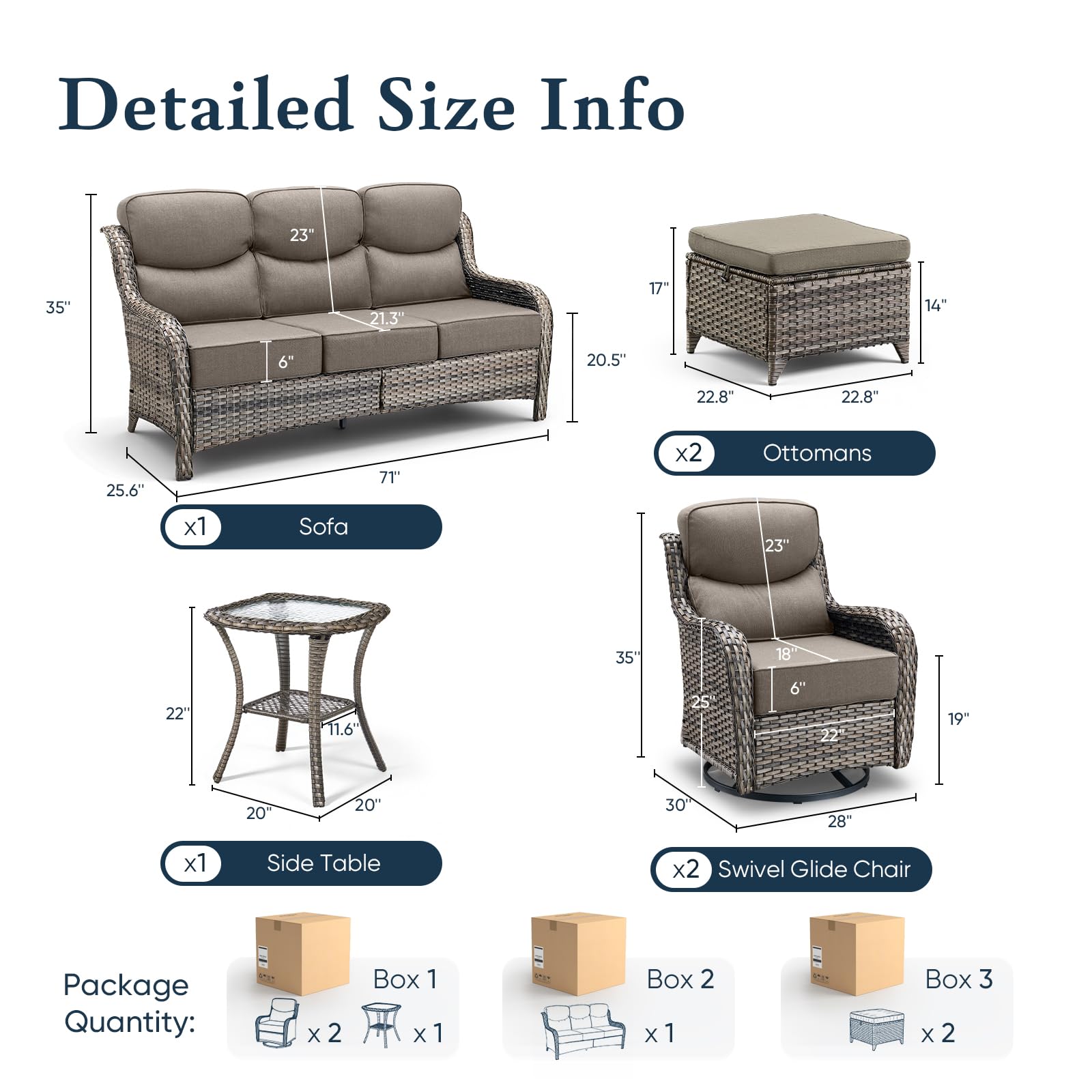 Luxury 6" Thick Cushioned 6 Pieces Patio Furniture Set with Outdoor Couch, Wicker Outdoor Conversation Set with High Back Swivel Rocker Chairs for Deck Porch Yard and Poolside - Grey+Grey