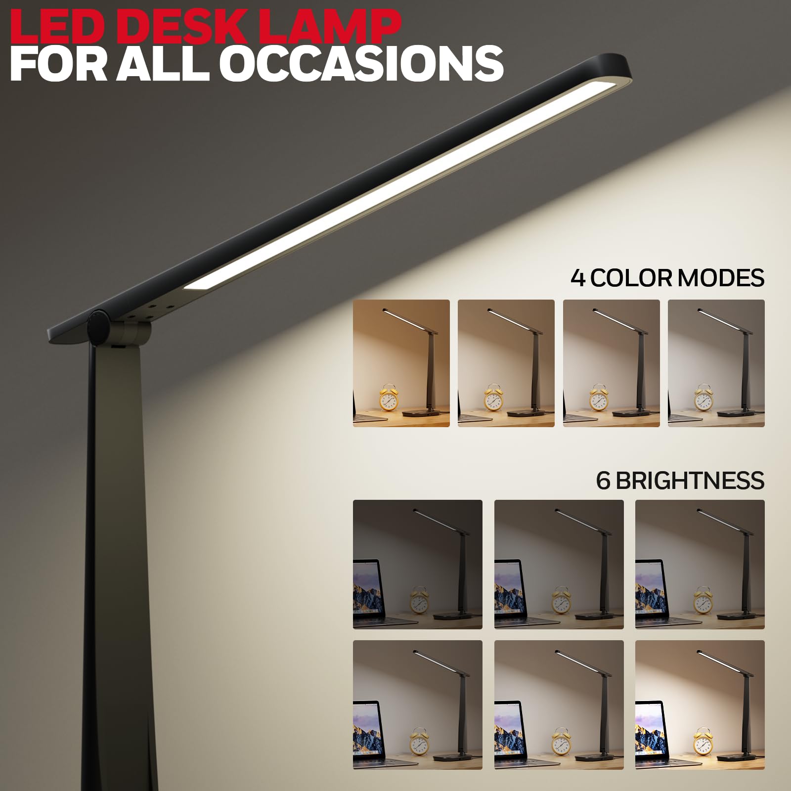 LED Desk Lamp for Home Office, Eye-Caring Light with 4 Color Modes & Touch Control, USB A+C Charging Ports, Adjustable Rotating Head with Timer for Reading, Bedroom & Small Desks
