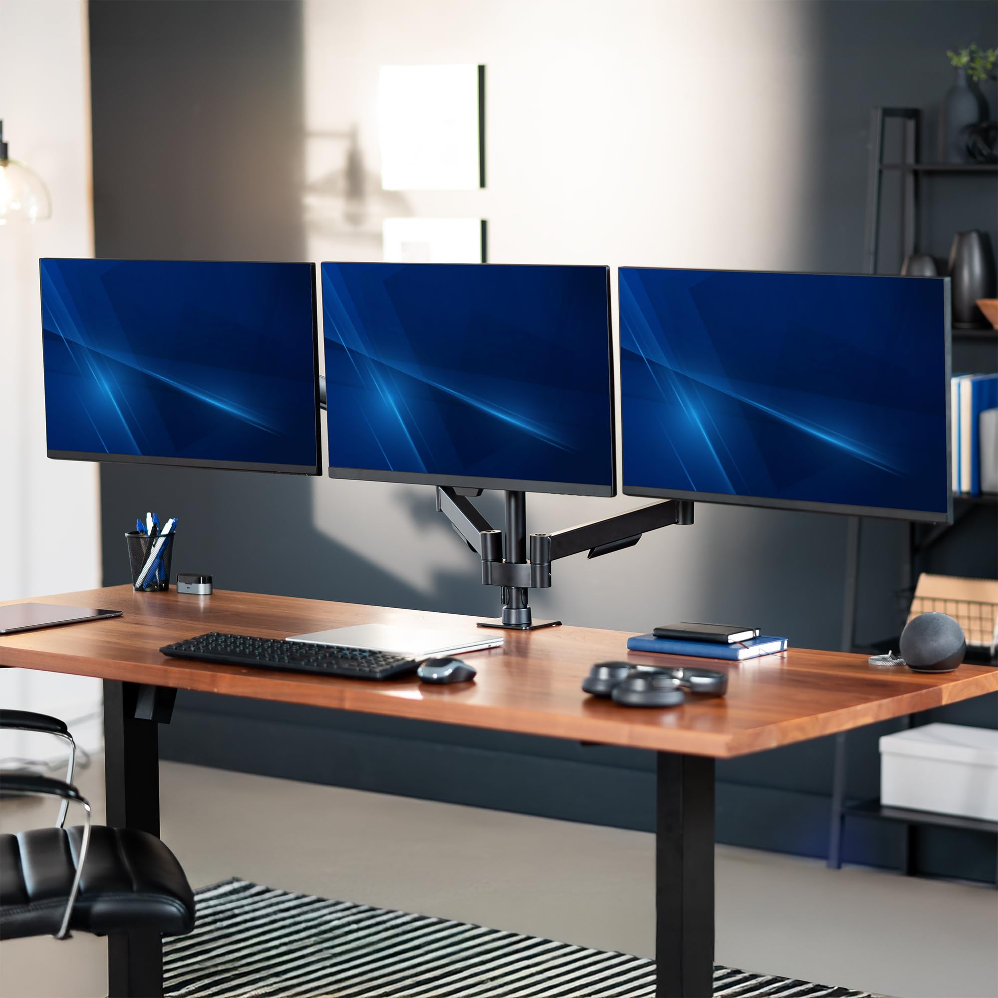 Triple Monitor Stand, Fully Adjustable Arms for 17 to 27 inch Screens, Mechanical Articulating Desk Mount, Gaming and Office Setups, VESA 75x75, 100x100, Max 19.8 lbs, Classic, Black, STAND-V003O