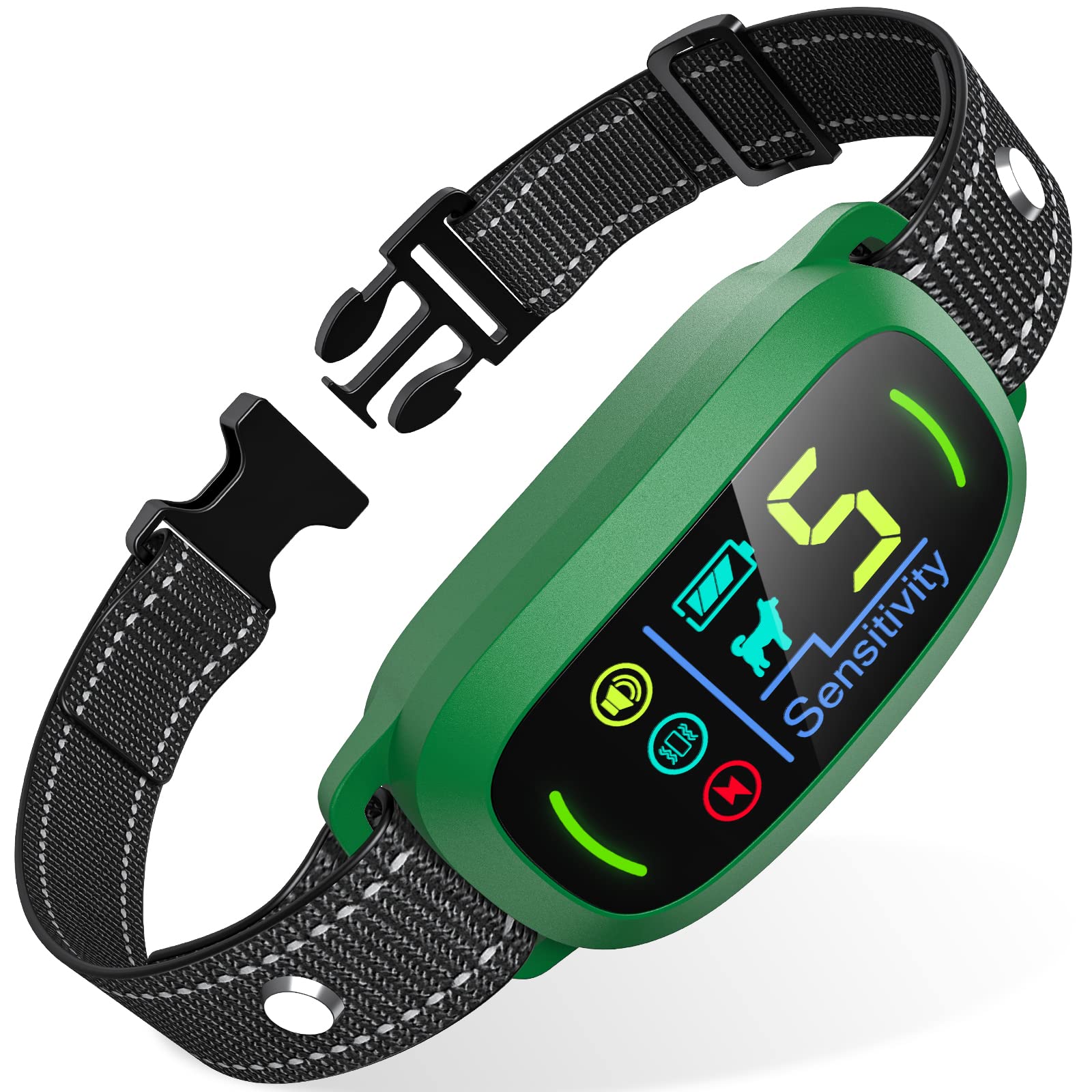 Bark Collar, Rechargeable Dog Bark Collar with 5 Adjustable Sensitivity and Intensity Beep Vibration, Anti Barking Collar for Small Medium Large Breed Dogs (Green)