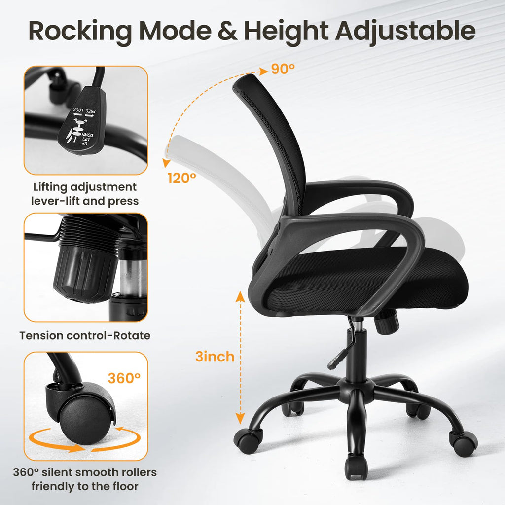 Office Desk Chair - Ergonomic Mid Back with Lumbar Support & Rocking Mode, Height Adjustable with Fixed Armrest, Storage Back for Computer, Gaming, Conference, Meeting, 360° Swivel, Black