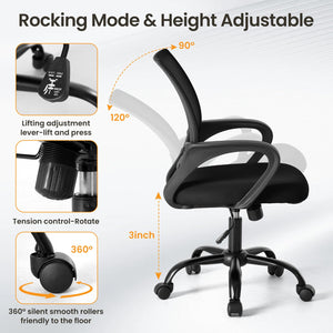 2 Pack, Office Desk Chair - Ergonomic Mid Back with Lumbar Support & Rocking Mode, Height Adjustable with Fixed Armrest, for Home, Computer, Gaming, Conference, Meeting, 360° Swivel, Black,