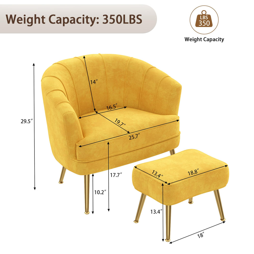 Velvet Accent Chair with Ottoman, Upholstered Modern Single Sofa Side Chair,Comfy Barrel Club Living Room Armchair with Golden Metal Legs for Bedroom Living Reading Room Office, Yellow