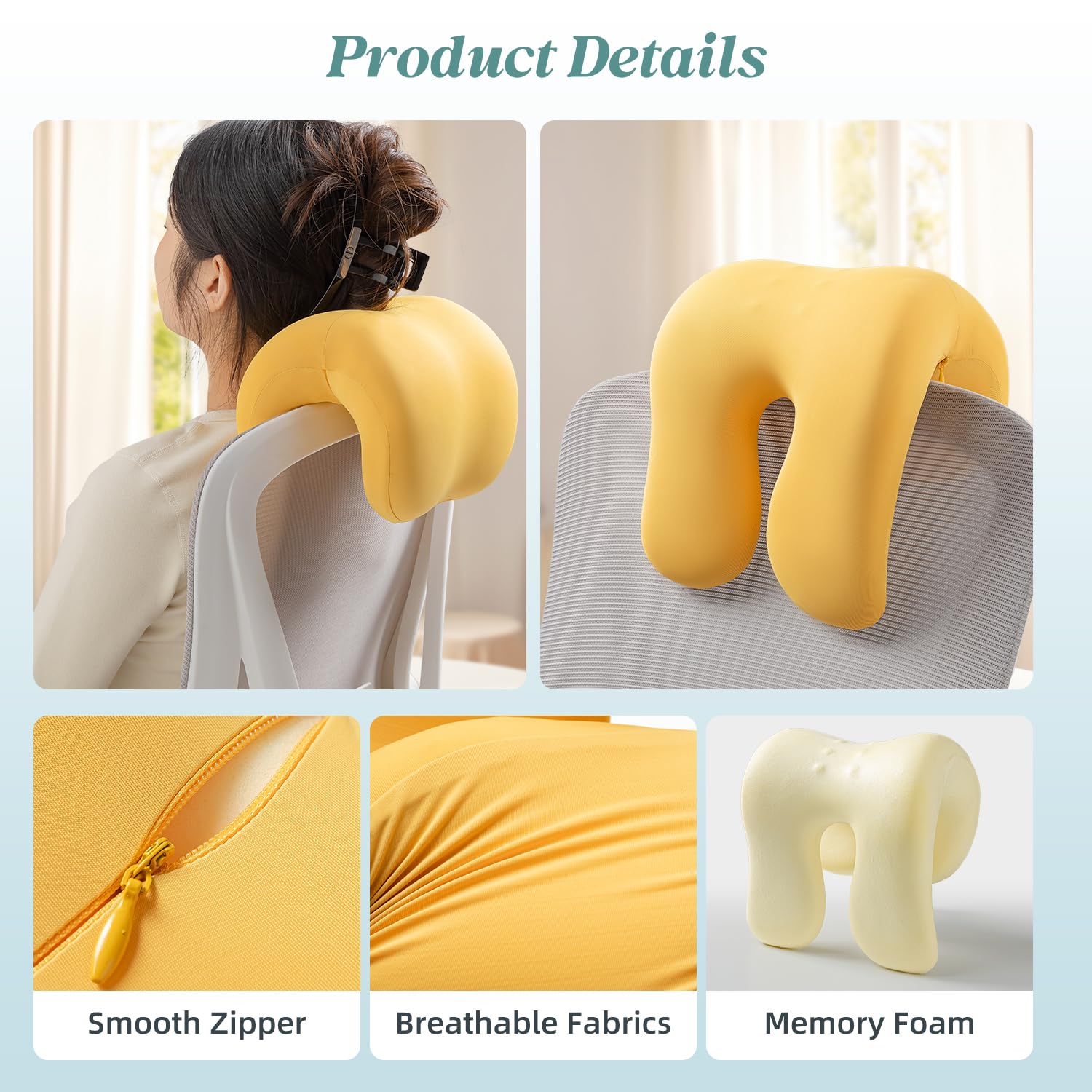 Office Chair Neck Pillow, Memory Foam Ergonomic Nap Pillow Office Chair Headrest Accessory, Neck Support Pillow Ideal for Office and Gaming, Yellow