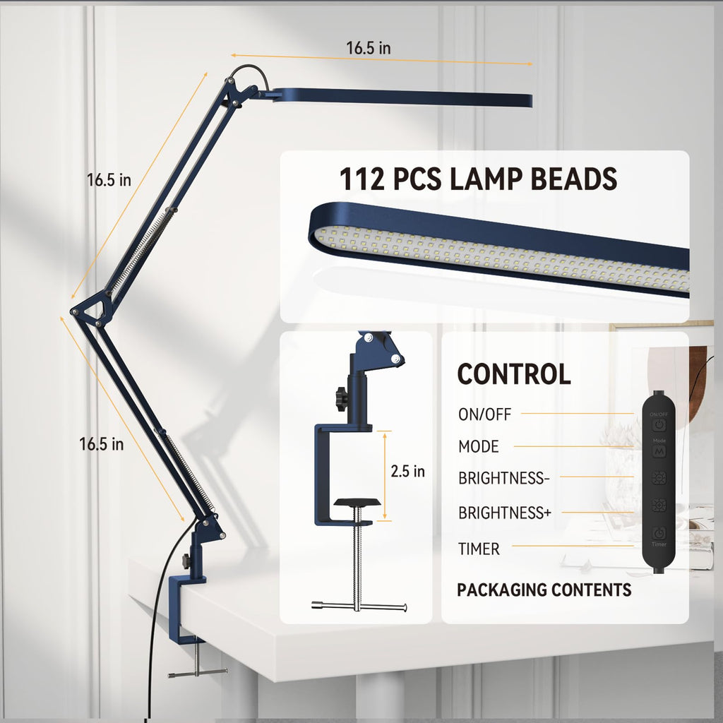 Desk Lamp - LED Desk Light - 5 Color Modes X 11 Brightness Levels - Adjustable Swing Arm - Timmer & Memory Function - 12W Lamp for Desk - Blue