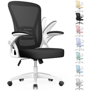 Ergonomic Office Chair, Mid-Back Computer Chair with Adjustable Height, Flip-Up Arms and Lumbar Support, Breathable Bright White Mesh Desk Chair for Home Study Working