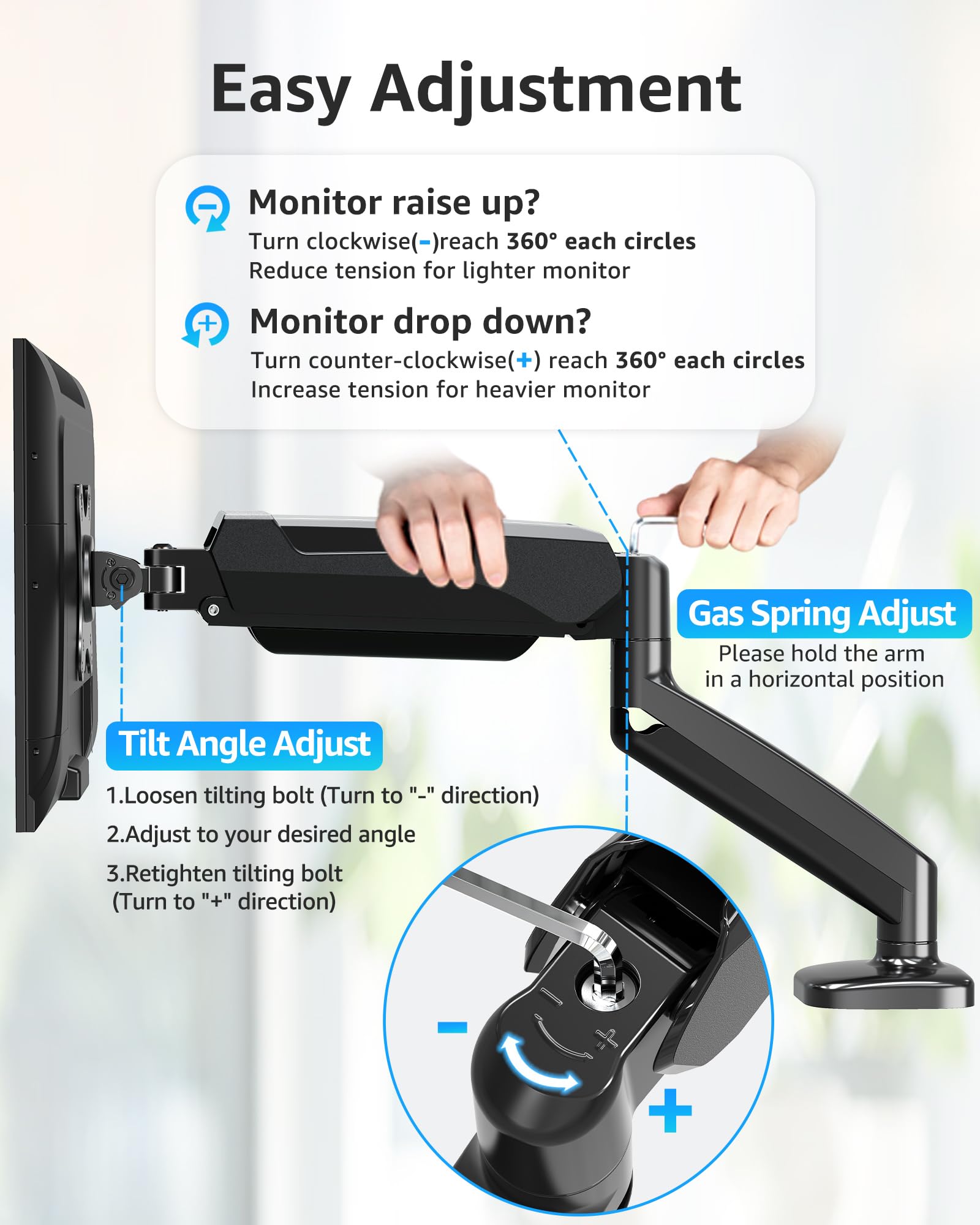 Single Monitor Desk Mount Holds Screen up to 32 inch, Height Adjustable Monitor Arm, Full Motion Computer Monitors Stand with Clamp/Grommet Base, VESA Mounts Fit 4.4-17.6lbs Computer, Black