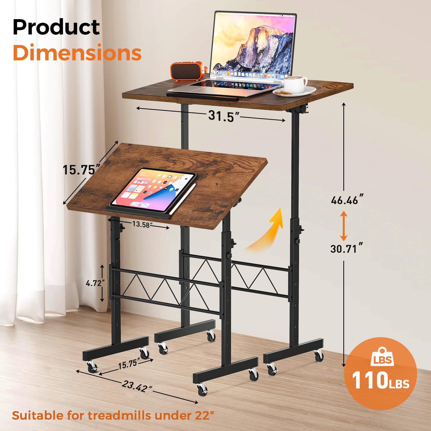 Standing Desk Adjustable Height & Tiltable Tabletop, Portable Stand Up Desk for Laptop, Mobile Folding Desk for Home Office Work and Walking Pad Treadmill, Height 30.7