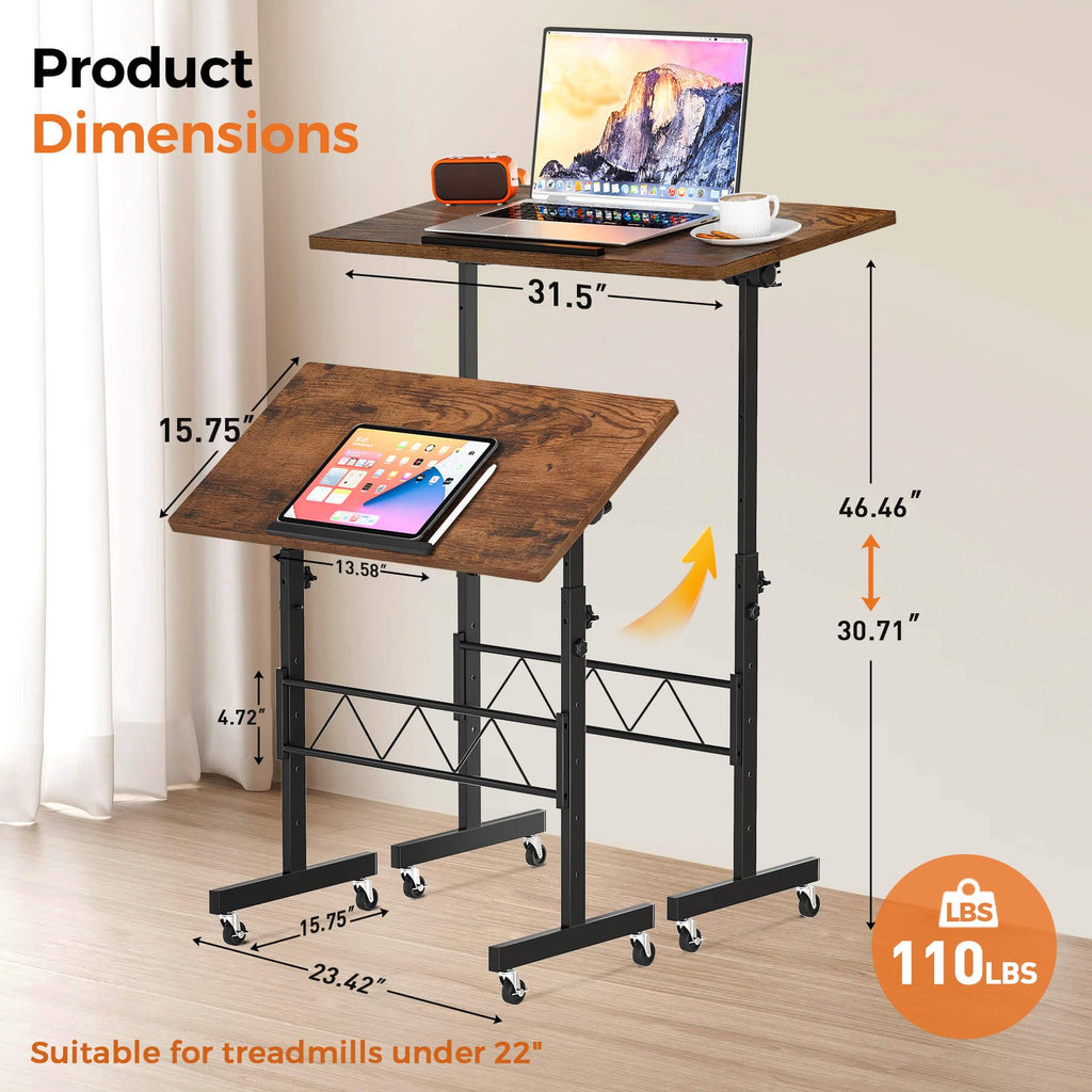 Standing Desk Adjustable Height & Tiltable Tabletop, Portable Stand Up Desk for Laptop, Mobile Folding Desk for Home Office Work and Walking Pad Treadmill, Height 30.7"-46.4", Brown