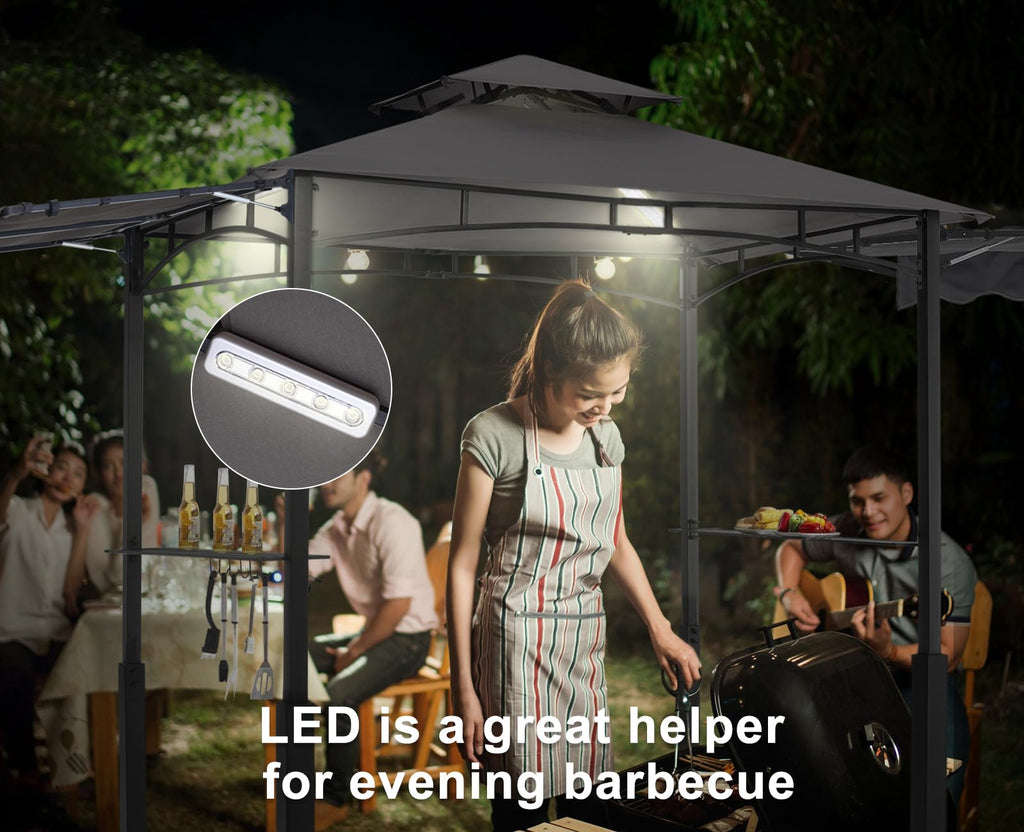 Grill Gazebo with 2 Side Awnings - 14x5 Outdoor BBQ Canopy Shelter with 2 Led Lights for Patio Backyard Grilling (Dark Gray)