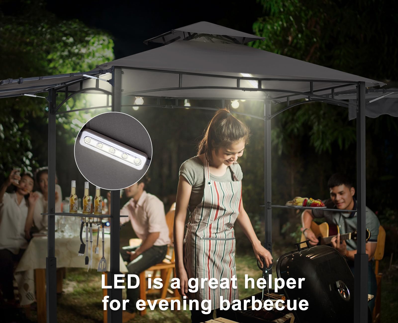 Grill Gazebo with 2 Side Awnings - 14x5 Outdoor BBQ Canopy Shelter with 2 Led Lights for Patio Backyard Grilling (Dark Gray)