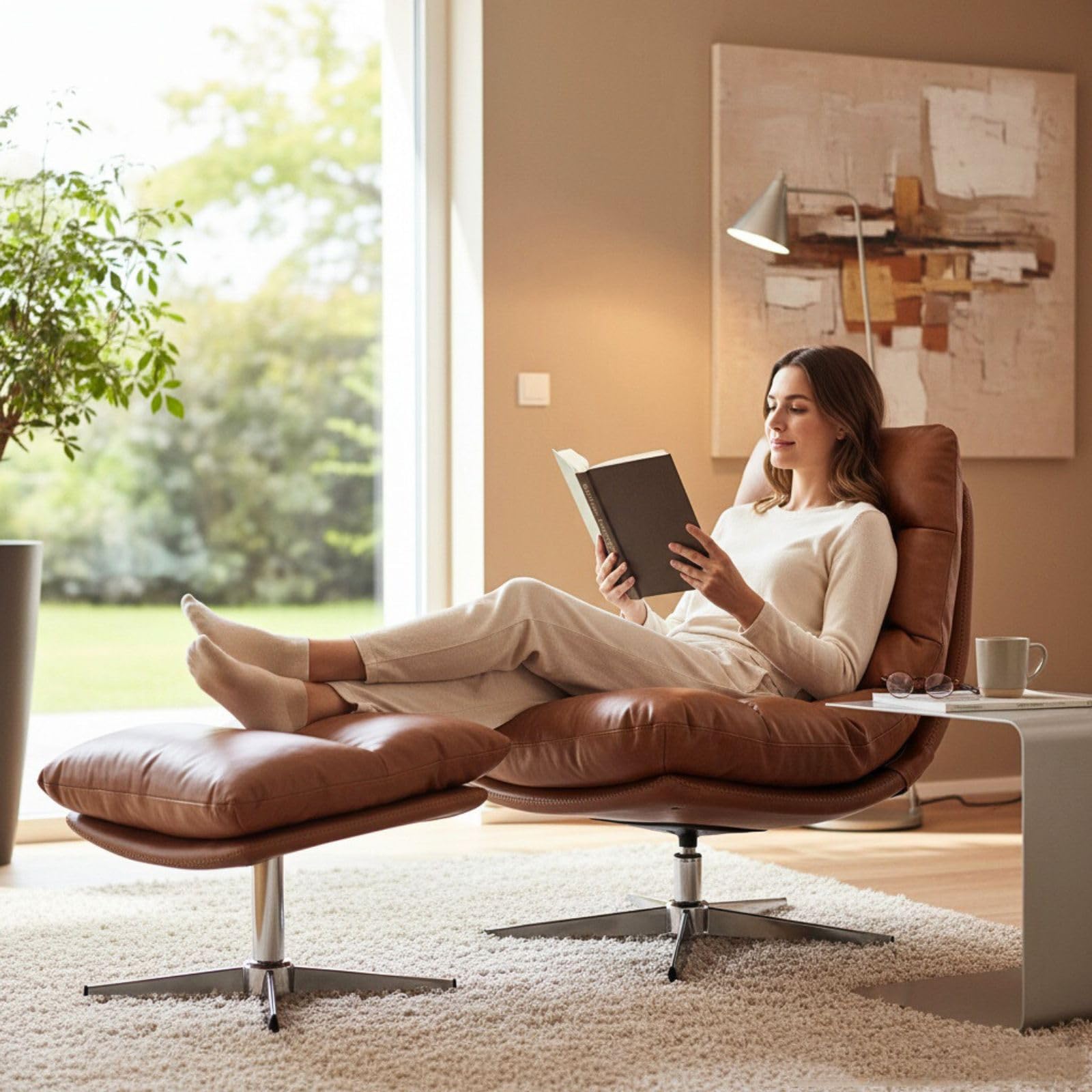 Modern Swivel Accent Chair with Ottoman Set, PU Leather Oversized Armless Reading Chair with Footrest, 33'' Wide Upholstered Lounge Chairs with Footstool for Living Room Bedroom Comfy, Brown