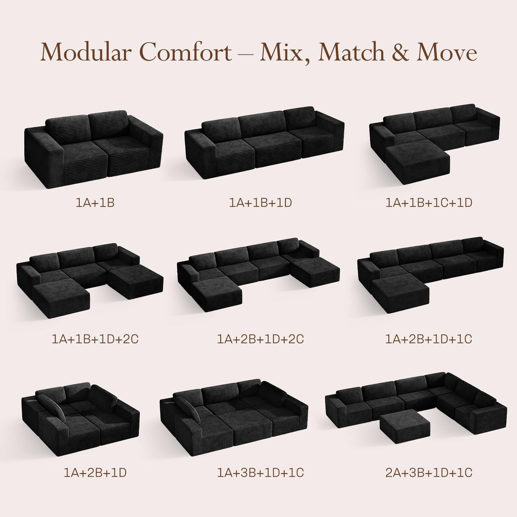 119" L-Shaped Modular Sectional Sofa, Corduroy Cloud Couch with Deep Seating & Spring Support, Flexible Layout Sofa with Ottoman, Boneless Style, No Assembly Required, Black