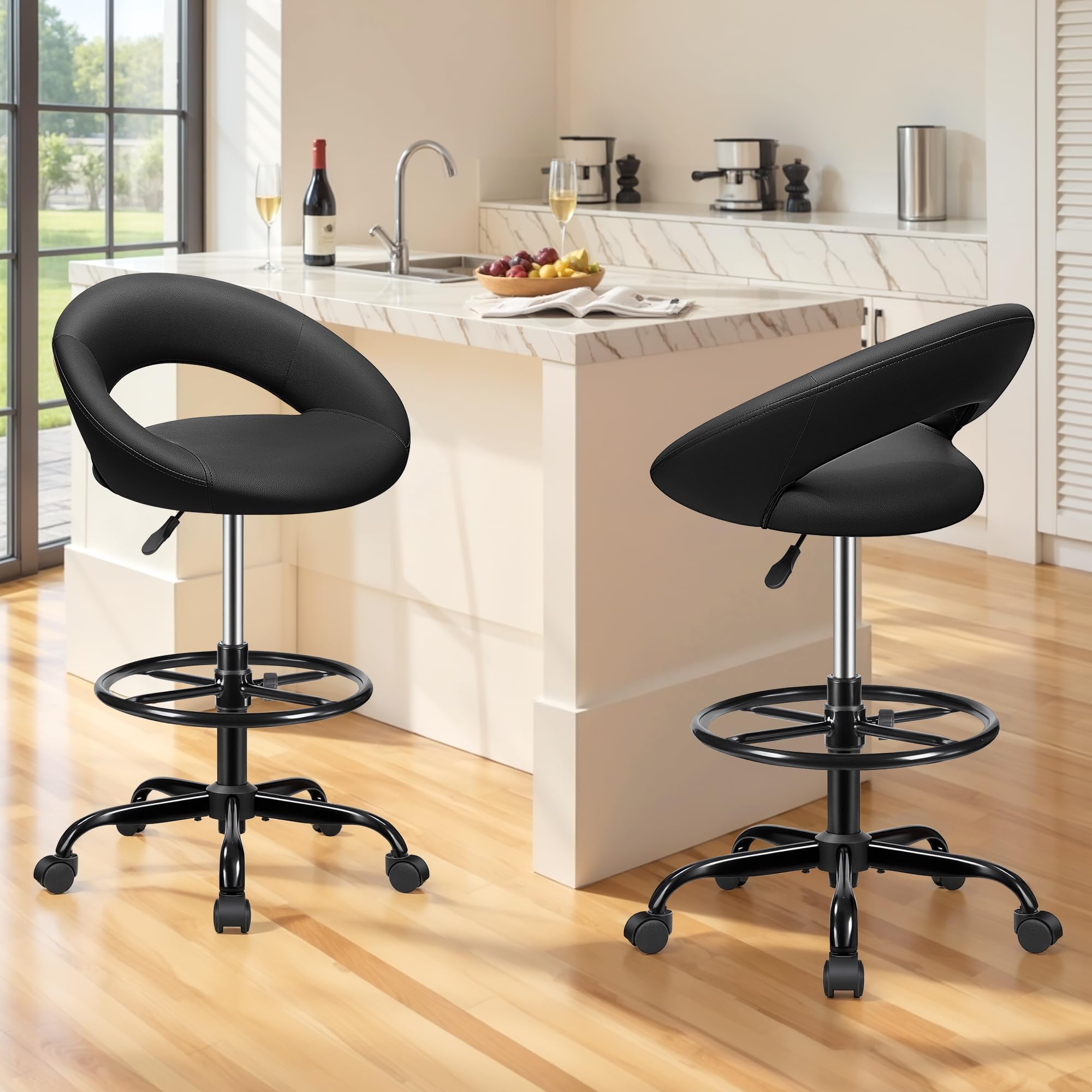 Black 4 Pack, Office Drafting Chair - Bar Stools with Back Support, Adjustable Foot Rest and Wheels, Shop Rolling Swivel Chair for Standing Desk Counter Kitchen Salon Home Vanity