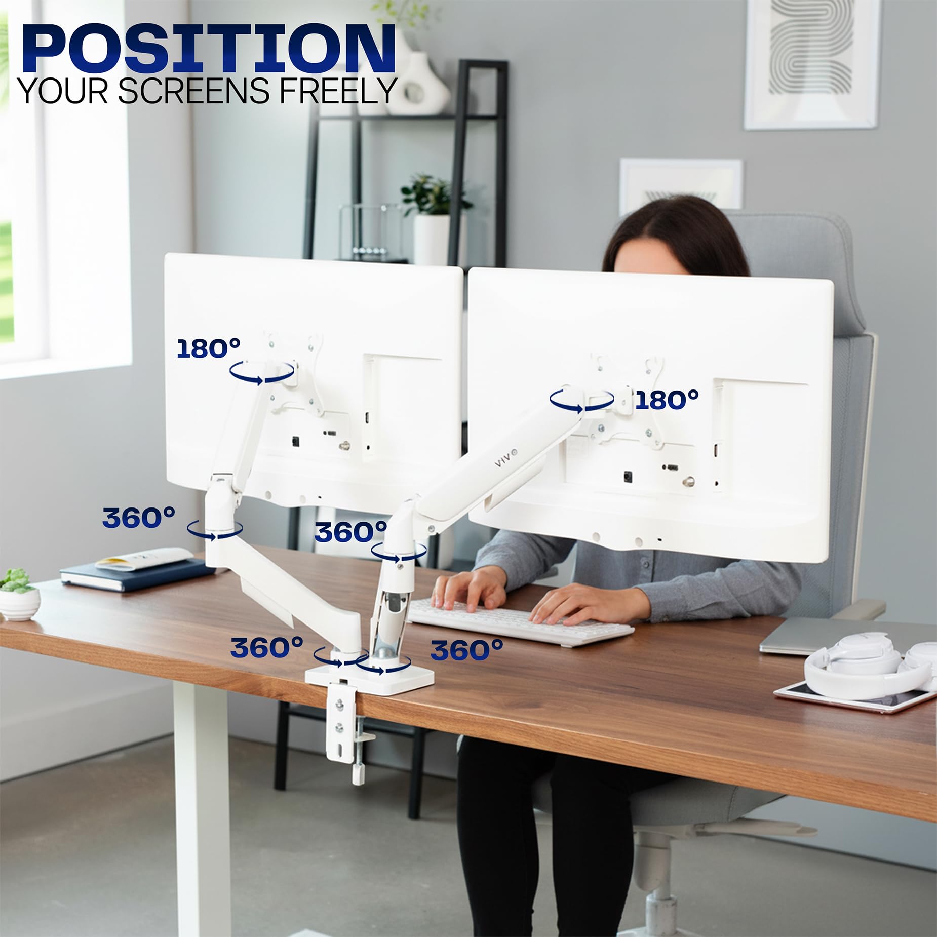 Dual Monitor up to 32 inches and 19.8 lbs per Screen, Mechanical Arm Desk Mount, Articulating Counterbalance, VESA Stand, Classic, White STAND-V002OW