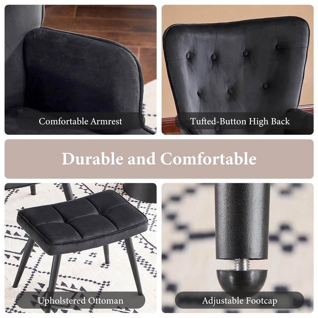 Velvet Accent Chair with Ottoman, Upholstered Reading Chair with High Backrest, Tufted-Button Wingback Armchair for Bedroom, Dressing Room, Home Office, Black