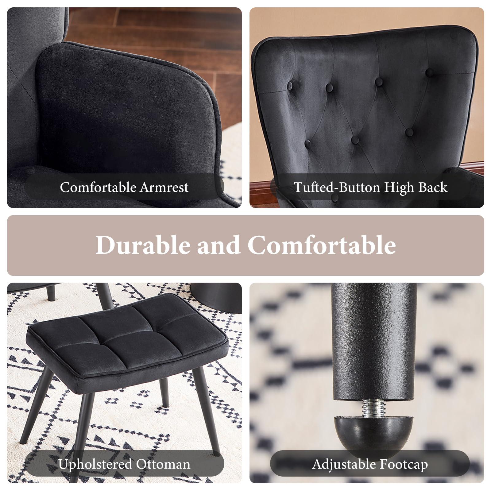 Velvet Accent Chair with Ottoman, Upholstered Reading Chair with High Backrest, Tufted-Button Wingback Armchair for Bedroom, Dressing Room, Home Office, Black