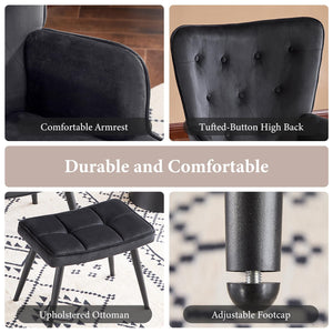 Velvet Accent Chair with Ottoman, Upholstered Reading Chair with High Backrest, Tufted-Button Wingback Armchair for Bedroom, Dressing Room, Home Office, Black