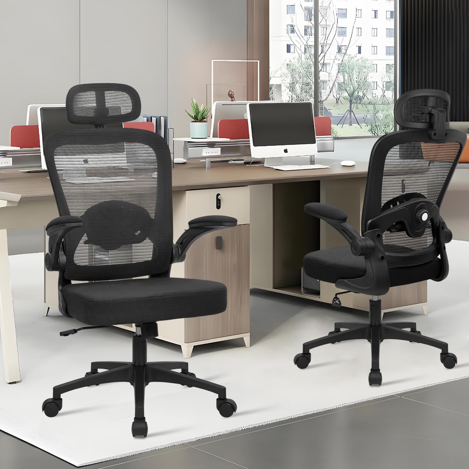 Home Office Desk Chair with Flip Up Armrests, Mesh Back Chair with Adjustable Height Lumbar Support and Headrest, Ergonomic Computer Task Chair for School, Conference, Black(2PK)