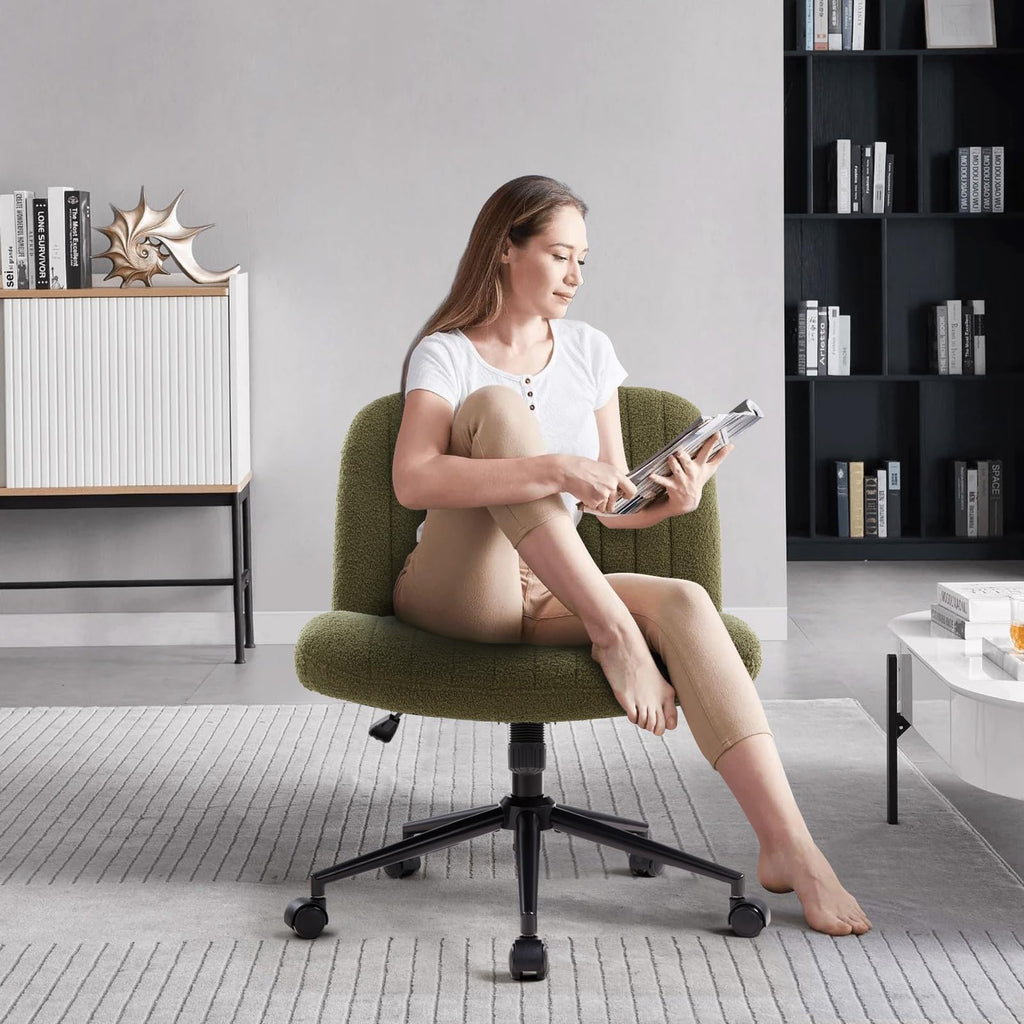 Criss Cross Chair Cross Legged Office Chair with Wheels Armless Wide Seat Desk Chairs Height Adjustable Computer Task Chairs Swivel Vanity Chair for Home Office Bedroom Make Up Small Space Green