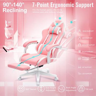 Pink Gaming Chair,Ergonomic Massage Computer Office Desk Chai r with Footrest,Pocket Spring Cushion,Reclining Leather Adjustable Gamer Chair with Headrest and Lumbar Support,Pink