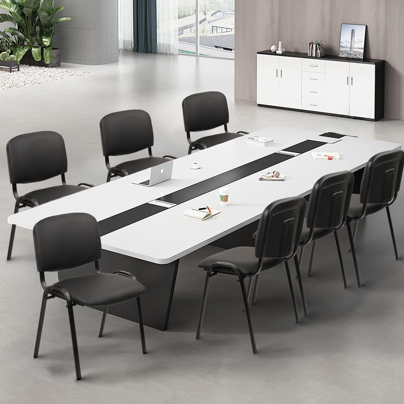 Black Set of 5, Stacking Waiting Room Chairs, PU Leather Armless Office Guest Chair with Metal Frames, Stackable Conference Room Chairs No Wheels for Reception Lobby Side Training School,