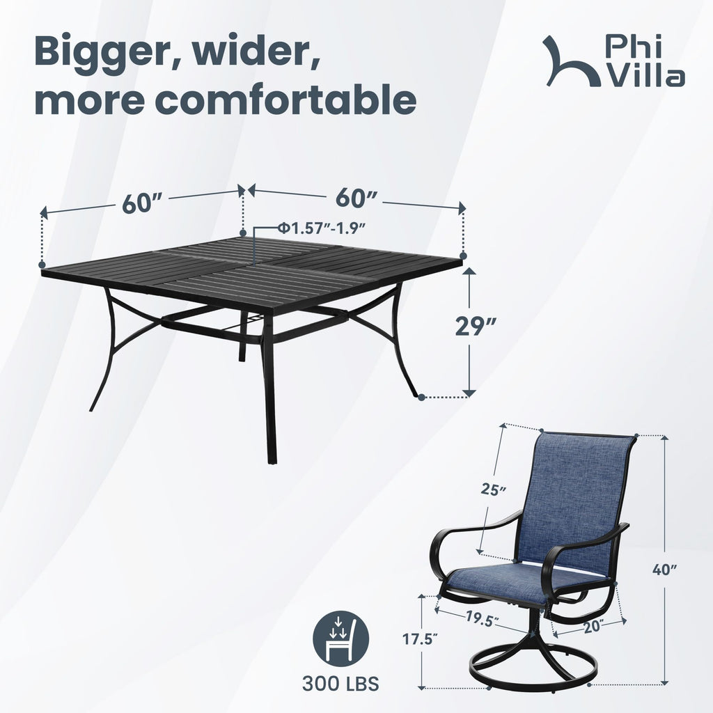 9 Piece Outdoor Patio Dining Set, Large Square Metal Dining Table and 8 Outdoor Swivel Dining Chairs, Patio Table and Blue Chair Furniture Dining Set for 8 Person