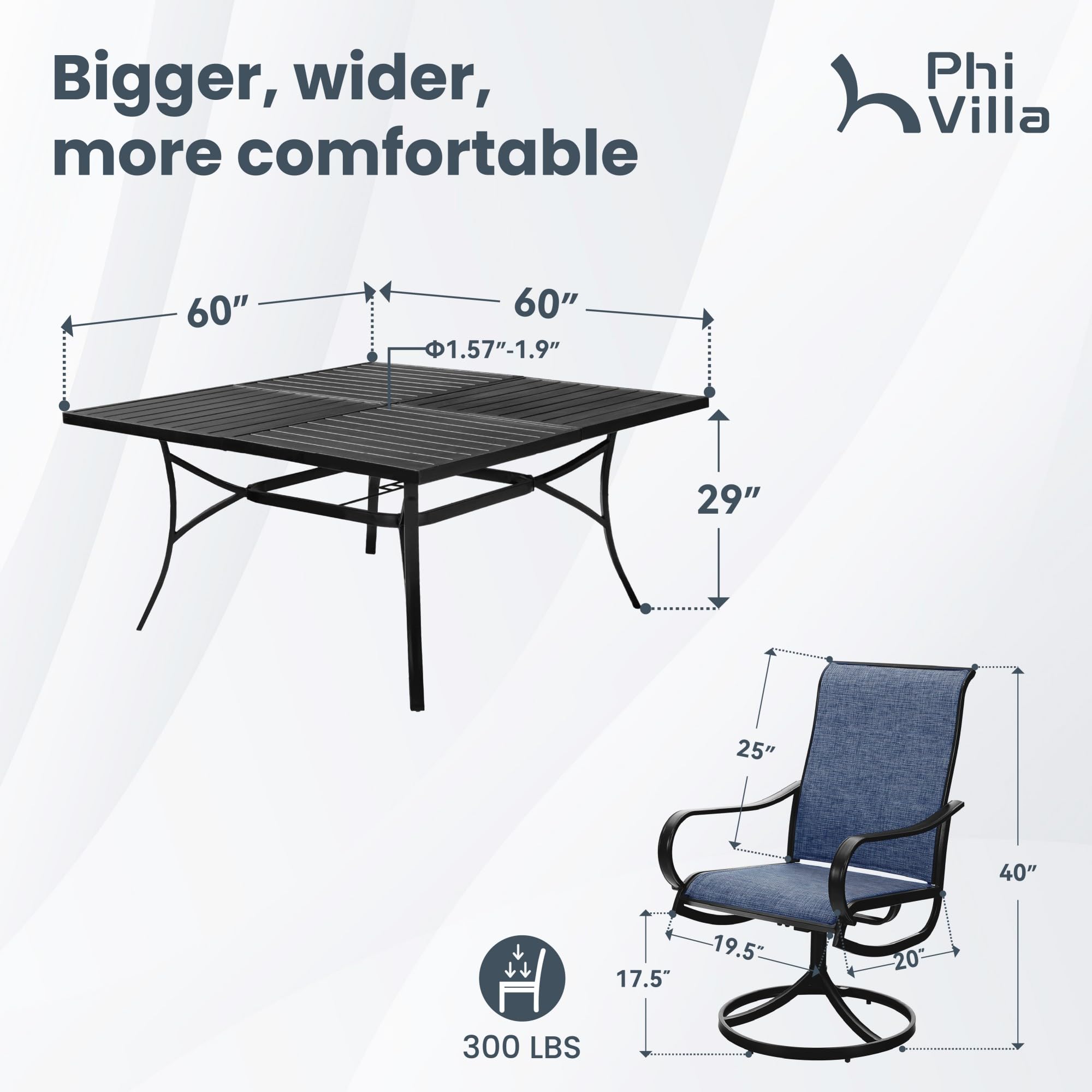 9 Piece Outdoor Patio Dining Set, Large Square Metal Dining Table and 8 Outdoor Swivel Dining Chairs, Patio Table and Blue Chair Furniture Dining Set for 8 Person