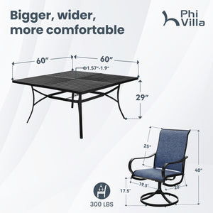 9 Piece Outdoor Patio Dining Set, Large Square Metal Dining Table and 8 Outdoor Swivel Dining Chairs, Patio Table and Blue Chair Furniture Dining Set for 8 Person