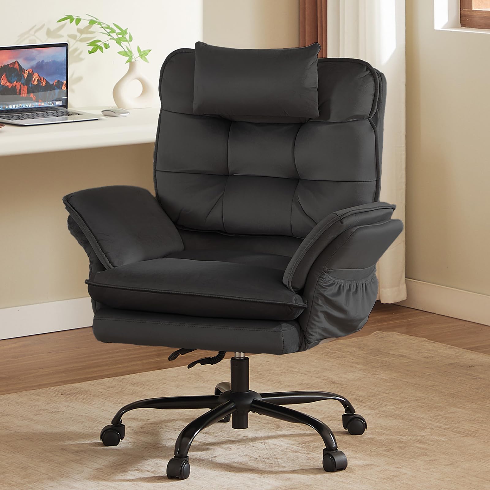 Criss Cross Chair with Flip-Up Armrests and Headrest, 135° Reclining Swivel Executive Chair with Side Pockets, Big and Tall Computer Desk Chair for Home Office Bedroom, Black Velvet