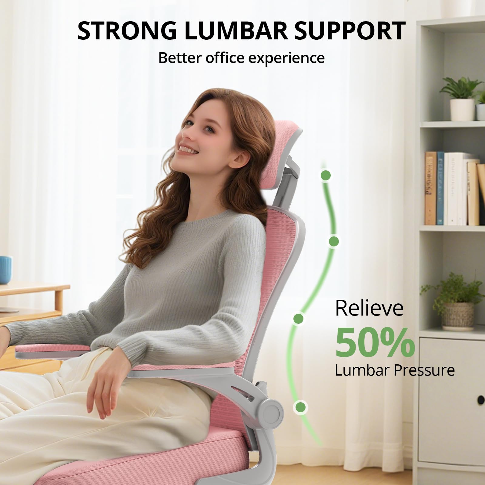 Office Chair Ergonomic Desk Chair, 330LBS Capacity, High Back Computer Design for Long Hours Comfort, Rolling Swivel Executive Task for Home Office with Flip-up Armrests, Grey Pink