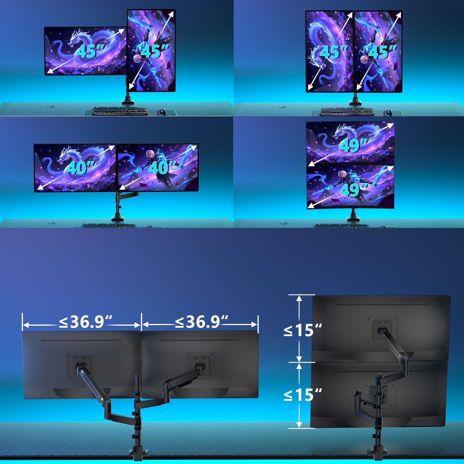 Dual Monitor Mount for Ultrawide Heavy Duty Curved Monitor Stacking, Dual Monitor Arms Fits 13-49 Inch for Ultrawide Screens up to 44lbs, 49 inch Monitor Arm, Black