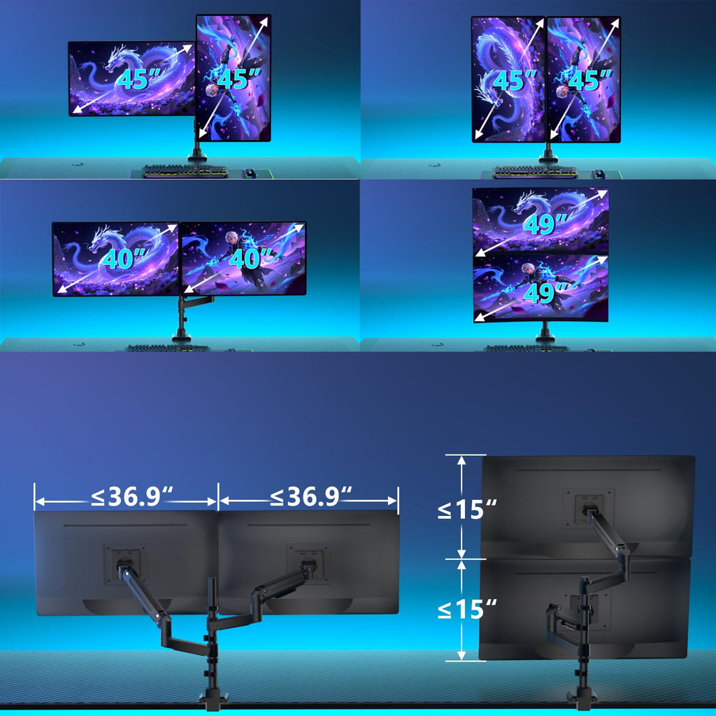 Dual Monitor Mount for Ultrawide Heavy Duty Curved Monitor Stacking, Dual Monitor Arms Fits 13-49 Inch for Ultrawide Screens up to 44lbs, 49 inch Monitor Arm, Black