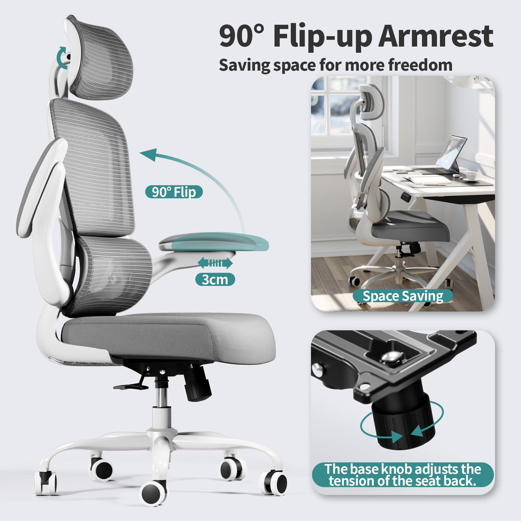 Office Chair Ergonomic Desk Chair, 330 LBS Home Mesh Office Desk Chairs with Wheels, Comfortable Gaming Chairs (Light Grey)