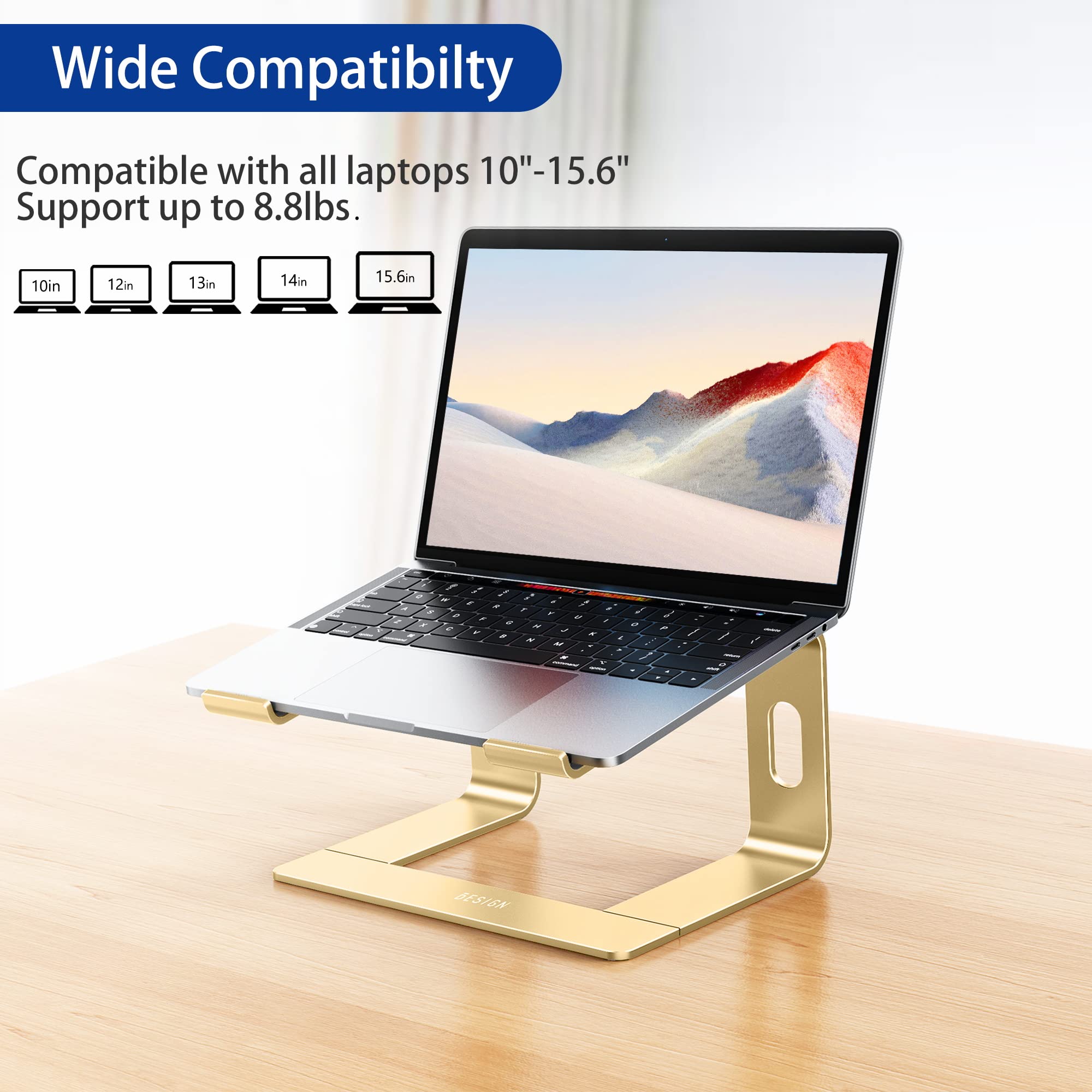 Aluminum Laptop Stand, Ergonomic Detachable Computer Stand, Notebook Riser, Laptop Mount Compatible with Air, Pro, Dell, HP, Lenovo More 10-15.6" Laptops, Gold