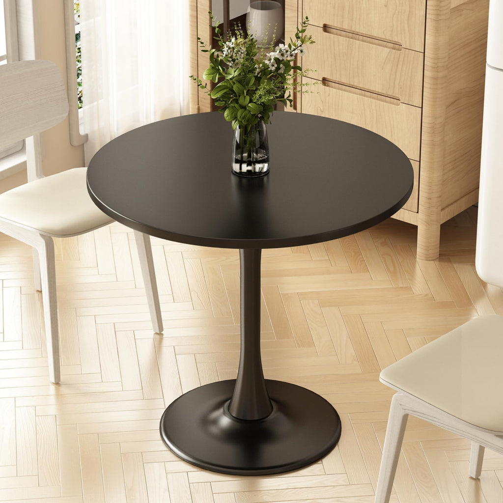 Round Dining Table 30" Circle Tulip Table with Wood Thickened Tabletop & Sturdy Metal Pedestal Mid Century Modern Leisure Bistro Kitchen Tables 4 People Small Places Living Room Cafe,Black