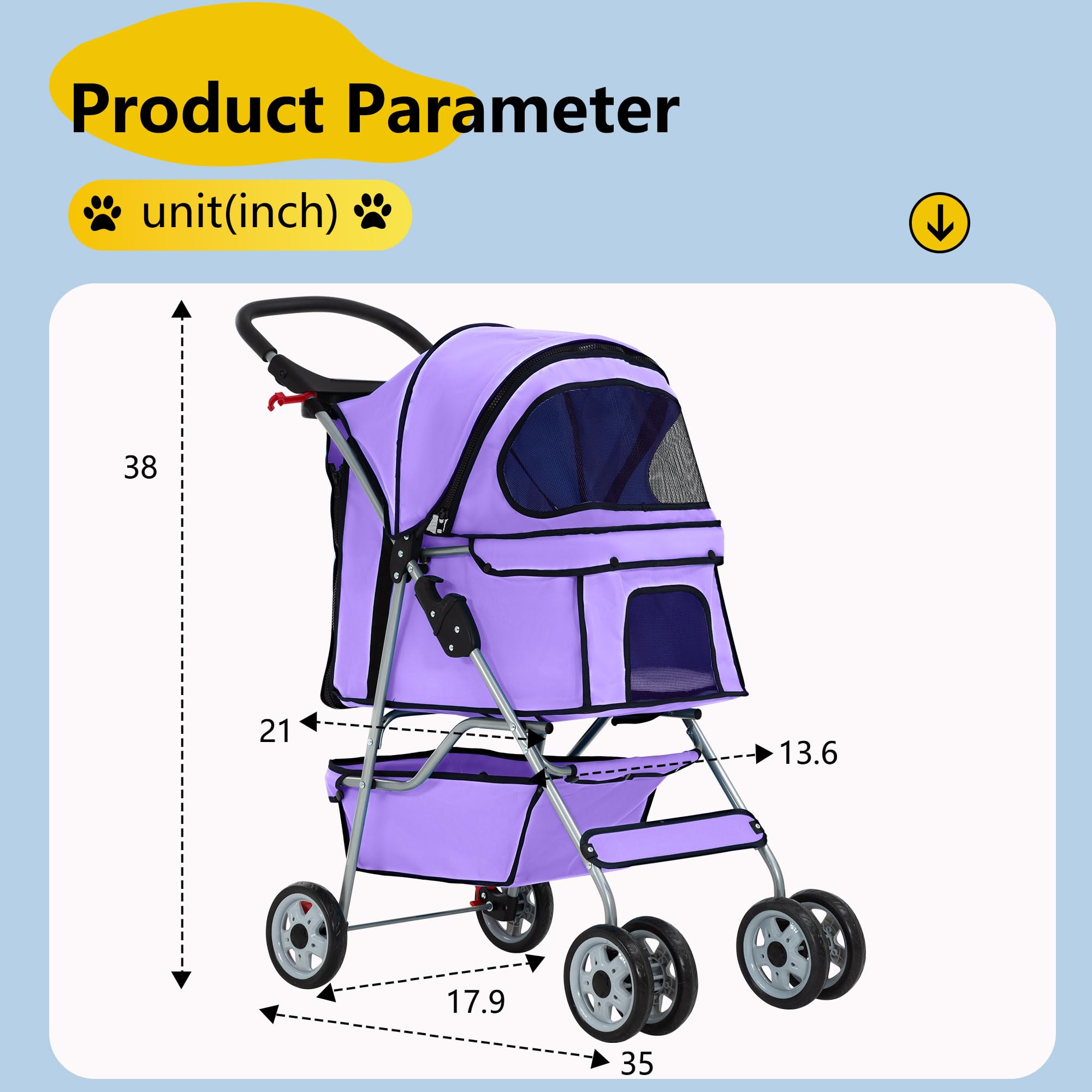 Pet Stroller 4-Wheel Dog Cat Stroller Travel Folding Carrier Puppy Stroller with Cup Holder and Removable Liner for Small Medium Dogs Cats, Purple
