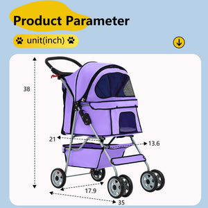 Pet Stroller 4-Wheel Dog Cat Stroller Travel Folding Carrier Puppy Stroller with Cup Holder and Removable Liner for Small Medium Dogs Cats, Purple