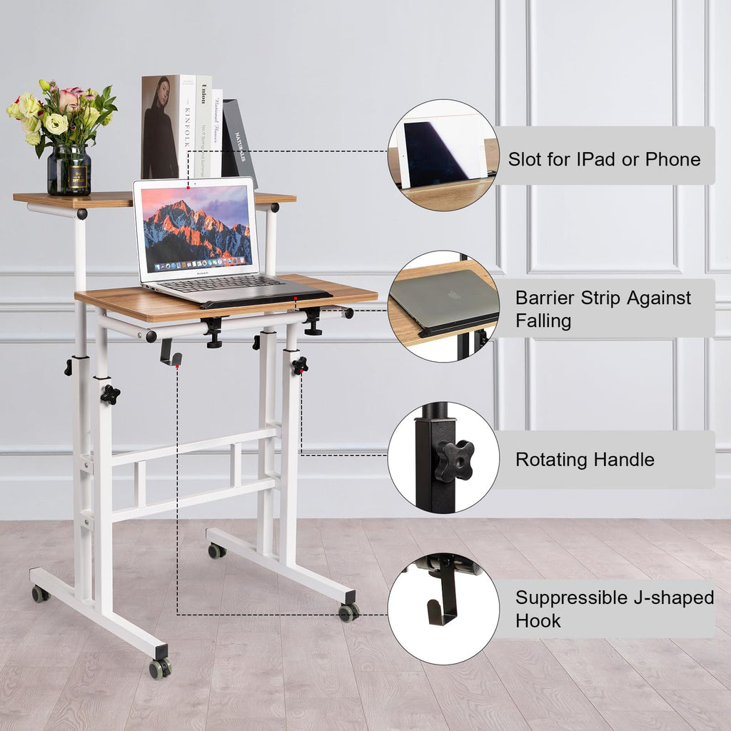Mobile Standing Desk with Charging Station, Adjustable Standing Computer Desk, Standing Adjustable Laptop Cart with Wheels for Home Office Classroom Vintage Oak